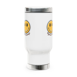 Smile Face Travel Mug — 14oz Stainless Steel Tumbler with Handle, “Rejoice Always” Inspirational Design