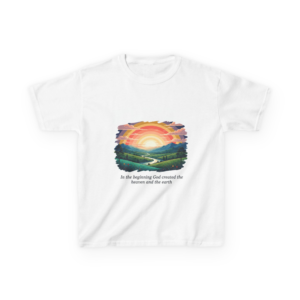 Kids Tee — Sunrise Landscape with Scripture: "In the beginning God created the heavens and the earth"