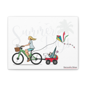 Summer Day Bike Canvas — Woman Biking with Kite & Wagon Wall Art