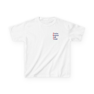 Kids Tee — "PRAY" Vertical Pocket & Back Design (Praise Repent Ask Yield)