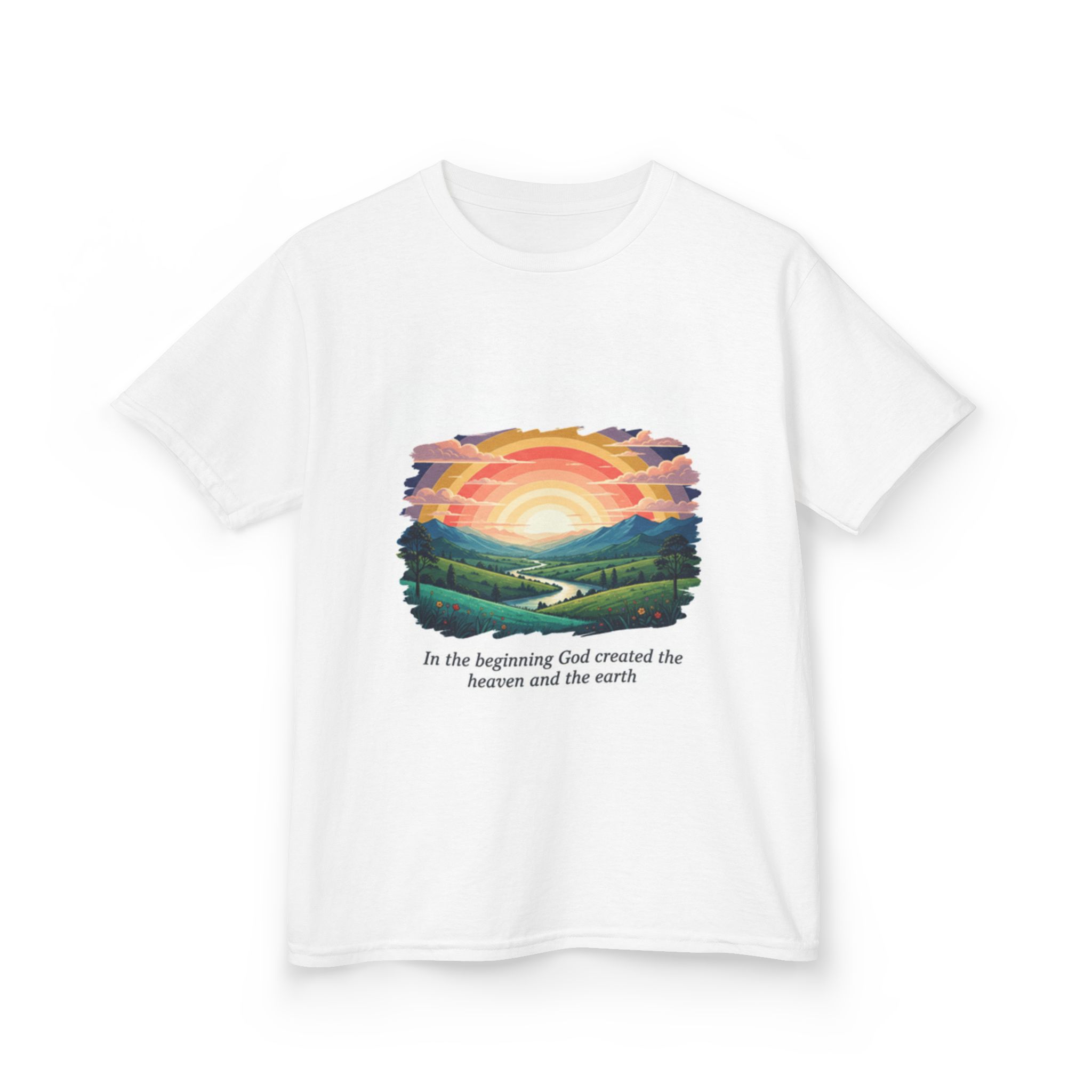 Kids Tee — Sunrise Landscape with Scripture: "In the beginning God created the heavens and the earth" - Image 3