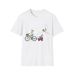 Beach Bike Ride T-Shirt — Woman Biking with Wagon & Kite Graphic