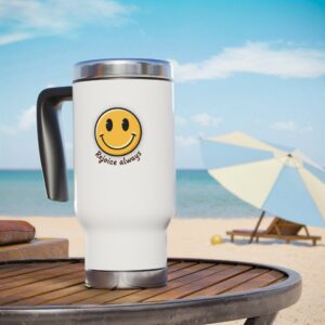 Smile Face Travel Mug — 14oz Stainless Steel Tumbler with Handle, “Rejoice Always” Inspirational Design